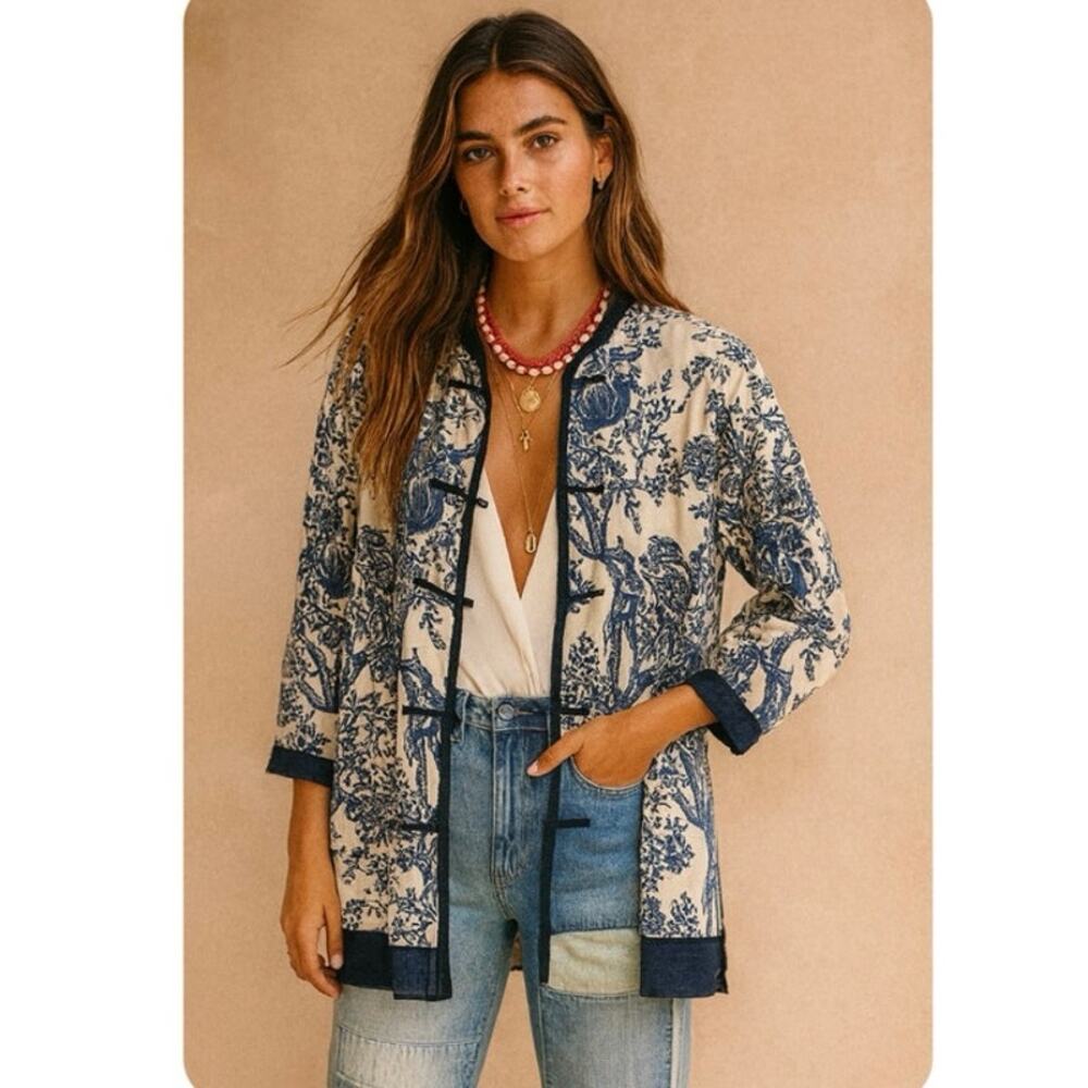 SOFT SURROUNDINGS COTTON/LINEN BLEND MANDARIN COLLAR KIMONO TUNIC NAVY Medium - Picture 1 of 10